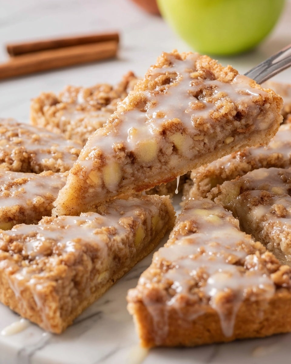 A round pie cut into eight equal slices arranged in a circle on a white plate, each slice topped with a crumbly brown sugar and oat crumble layer with a light brown baked apple filling visible beneath, all covered with a thin white glaze drizzled unevenly on top; the crust is light golden and slightly thick around the edges. The pie sits on a white marbled surface scattered with cinnamon sticks, two bright green apples placed near the top right, and a white plate in the upper left holding one slice of pie with some filling spillage. A pie server with some filling on the edge is partially visible on the bottom left. The overall look is warm and rustic with soft lighting. Photo taken with an iphone --ar 4:5 --v 7