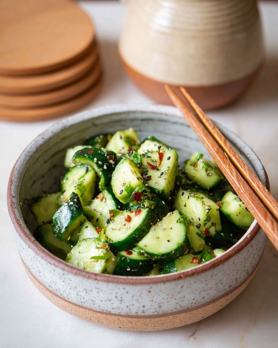 A ceramic bowl with a rough speckled light gray exterior and brown rim holds roughly chopped cucumber pieces with dark green skin and light green inside, tossed with small red chili flakes and black sesame seeds, with visible small green herb bits mixed in; two wooden chopsticks rest on the right edge of the bowl. The bowl sits on a light wood surface, with round wooden coasters stacked in the background next to a beige and brown pot, all placed on a white marbled texture. Photo taken with an iphone --ar 4:5 --v 7