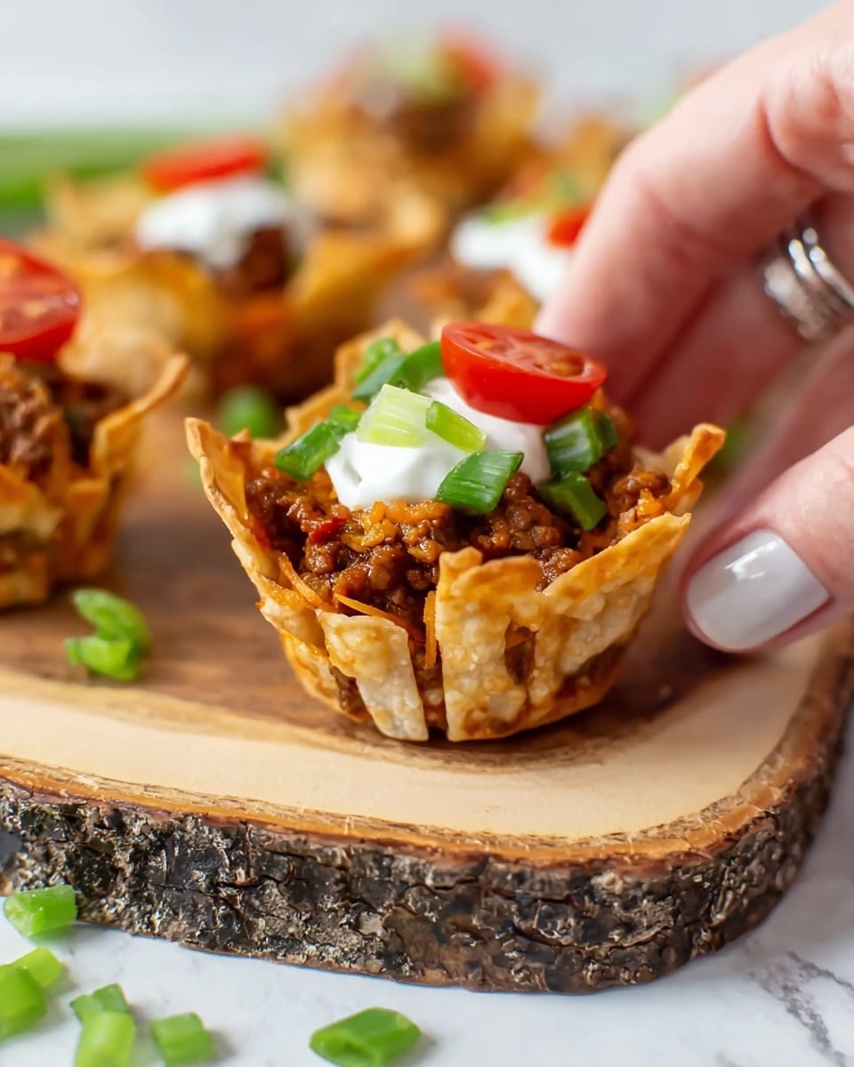 A close-up view of a small bite-sized taco cup held by a woman's hand with a silver ring, resting on a wooden board with bark edges. The taco cup has a light golden brown crispy shell with a visible layered filling of red and brown seasoned ground meat. On top, there is a dollop of white sour cream, small green chopped scallions, and a slice of red cherry tomato. More taco cups with similar toppings are blurred in the background on the board. Scattered green scallions are on the white marbled surface below. Photo taken with an iphone --ar 4:5 --v 7