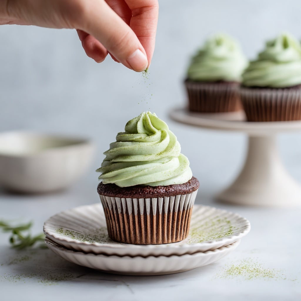A single cupcake sits centered on two stacked white plates with scalloped edges, placed on a white marbled surface. The cupcake has a light brown base wrapped in a ridged paper liner. On top is a thick swirl of pale green frosting with a smooth, creamy texture, forming about three visible layers of spiraled ridges. Above the cupcake, a woman's hand sprinkles a fine dusting of green powder, also scattered lightly around the plate, adding a soft texture contrast. In the background, two more cupcakes with similar green frosting are softly blurred, one on a white pedestal cake stand and the other on a white plate. The scene is bright and airy with a clean, minimal feel. photo taken with an iphone --ar 4:5 --v 7