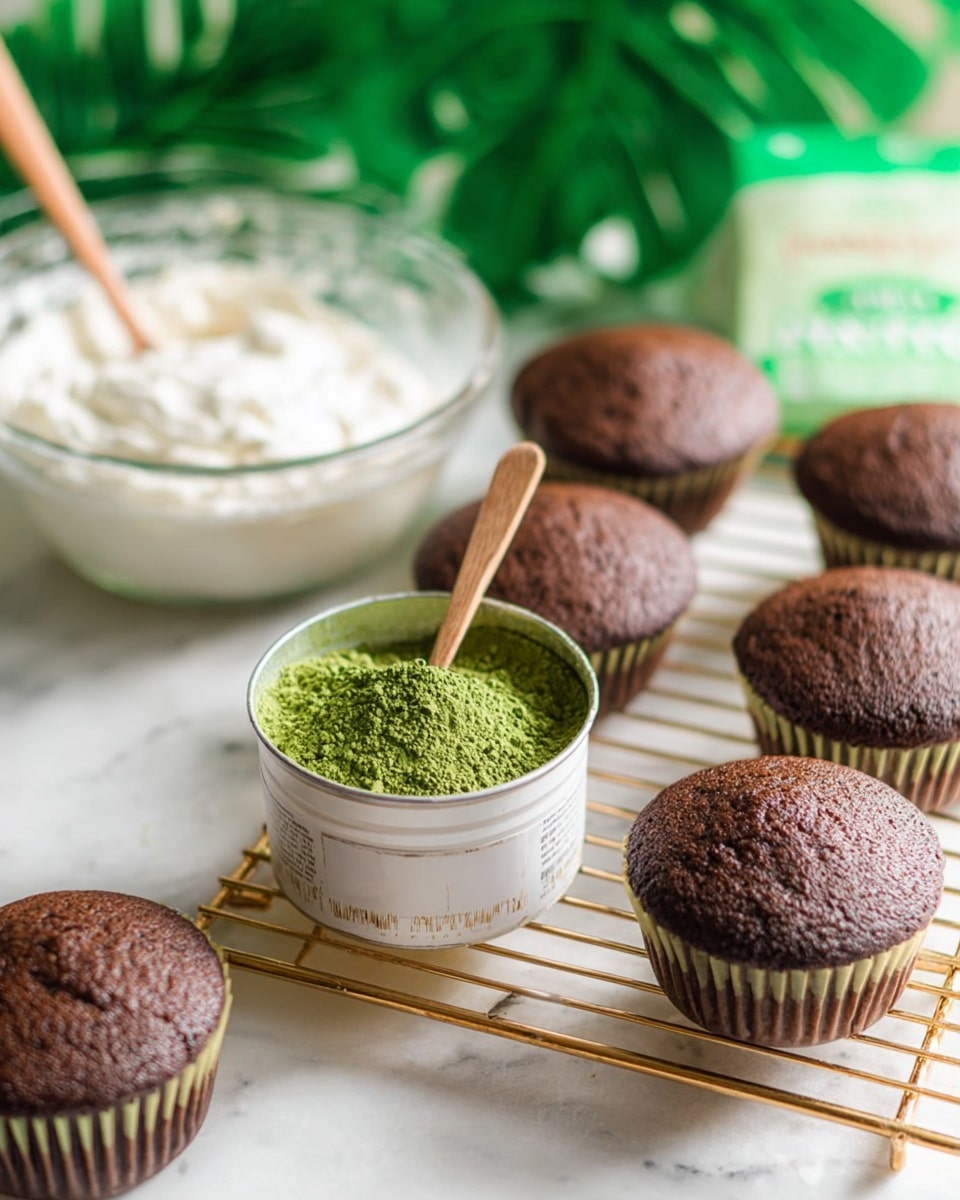 The image shows seven chocolate cupcakes with a slightly rough texture and dark brown tops sitting on a gold cooling rack. In the center of the rack, there is an open white container of bright green matcha powder with a small wooden spoon resting inside it. To the left, a clear glass bowl filled with white creamy frosting is partially visible. The scene is set on a white marbled surface with a blurred green leafy background. Photo taken with an iphone --ar 4:5 --v 7