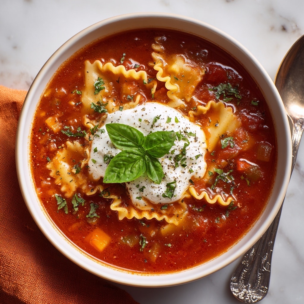 A white bowl is filled with a rich red tomato soup layered with short, curly pasta floating on top. There are small chunks of soft cooked vegetables visible beneath the pasta. In the center, a scoop of white creamy cheese sits on the soup, topped with three fresh bright green basil leaves. The soup surface is sprinkled with finely chopped green herbs. The bowl is placed on a white marbled surface, with a vintage silver spoon resting nearby and an orange cloth partially visible in the corner. Photo taken with an iphone --ar 4:5 --v 7