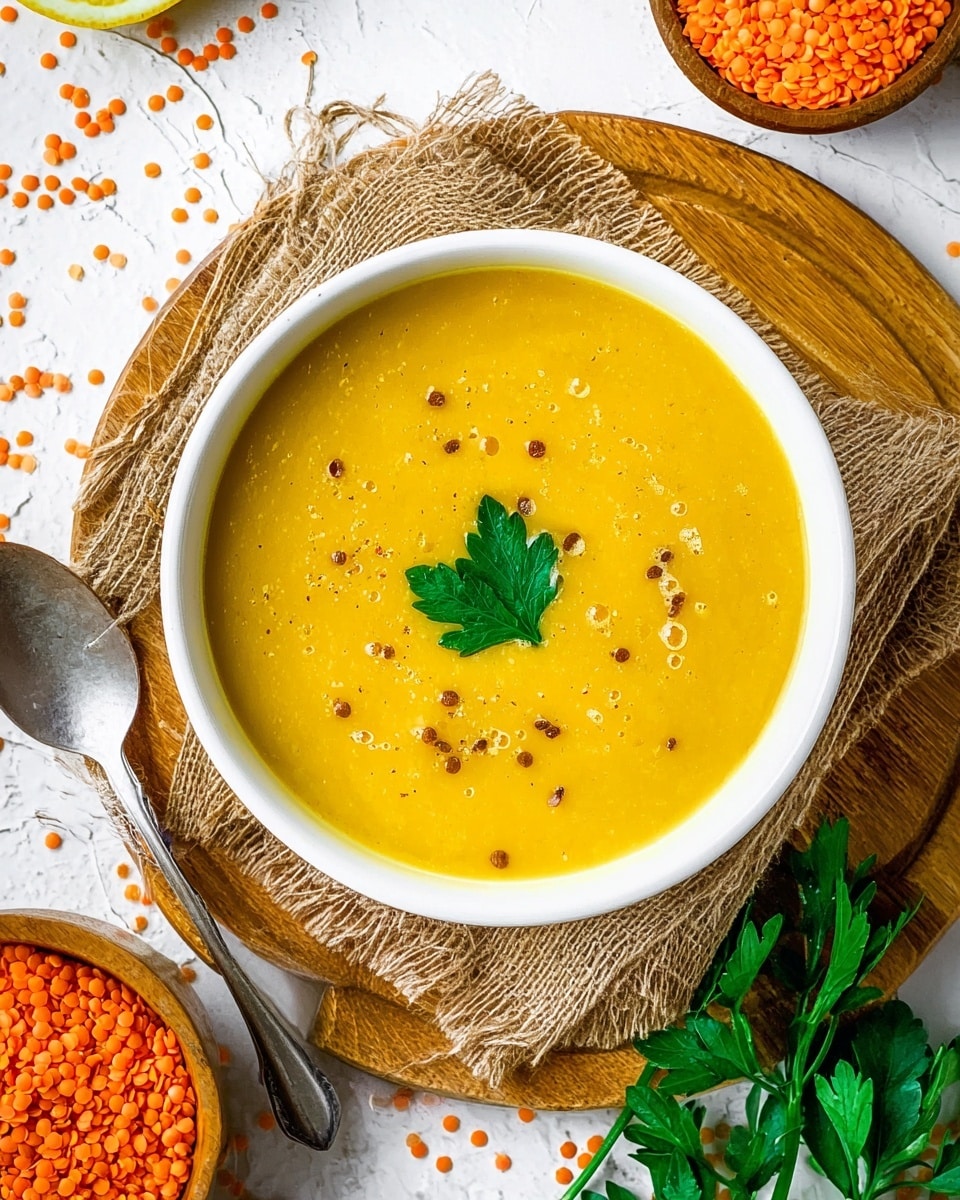 A close-up of a white bowl filled with smooth, yellow soup, topped with a green parsley leaf and small brown seeds scattered on the surface. The bowl sits on a wooden board covered with a coarse brown fabric, beside a white and silver spoon. In the background, there is a halved yellow lemon and some green parsley leaves on a white marbled texture. photo taken with an iphone --ar 4:5 --v 7