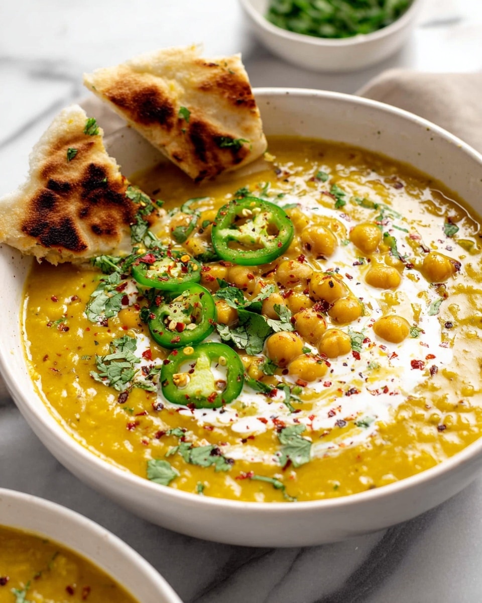 A deep white bowl filled with a thick yellow chickpea curry, showing whole chickpeas and a textured sauce with visible small bits of herbs and spices. On the left side of the bowl, there are three slices of green jalapeño with red chili flakes sprinkled over them. Swirls of white cream are mixed into the curry, adding a creamy texture. Chopped fresh green herbs are scattered on top and around the dish. Two pieces of golden-brown toasted flatbread are placed on the left edge and right side of the bowl. A silver spoon with a detailed handle rests inside the bowl on the right. The bowl sits on a white marbled surface with some scattered herbs and a small white bowl filled with green herbs nearby. A gray textured cloth is partially visible under the bowl’s left edge. photo taken with an iphone --ar 4:5 --v 7