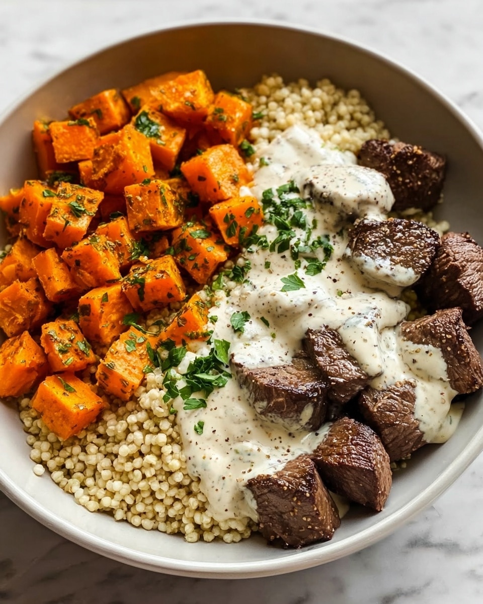 A white bowl sits on a white marbled surface filled with three main layers of food. On the left side, there are small cubed roasted sweet potatoes with a bright orange color, slightly crispy edges, and sprinkled green herbs. The middle layer consists of a bed of light beige cooked grains, soft in texture and spread evenly. On the right side, there are medium-sized cubes of grilled beef with a dark brown, slightly charred crust covered with a smooth, creamy white sauce that has flecks of black pepper and is garnished with chopped green herbs. photo taken with an iphone --ar 4:5 --v 7