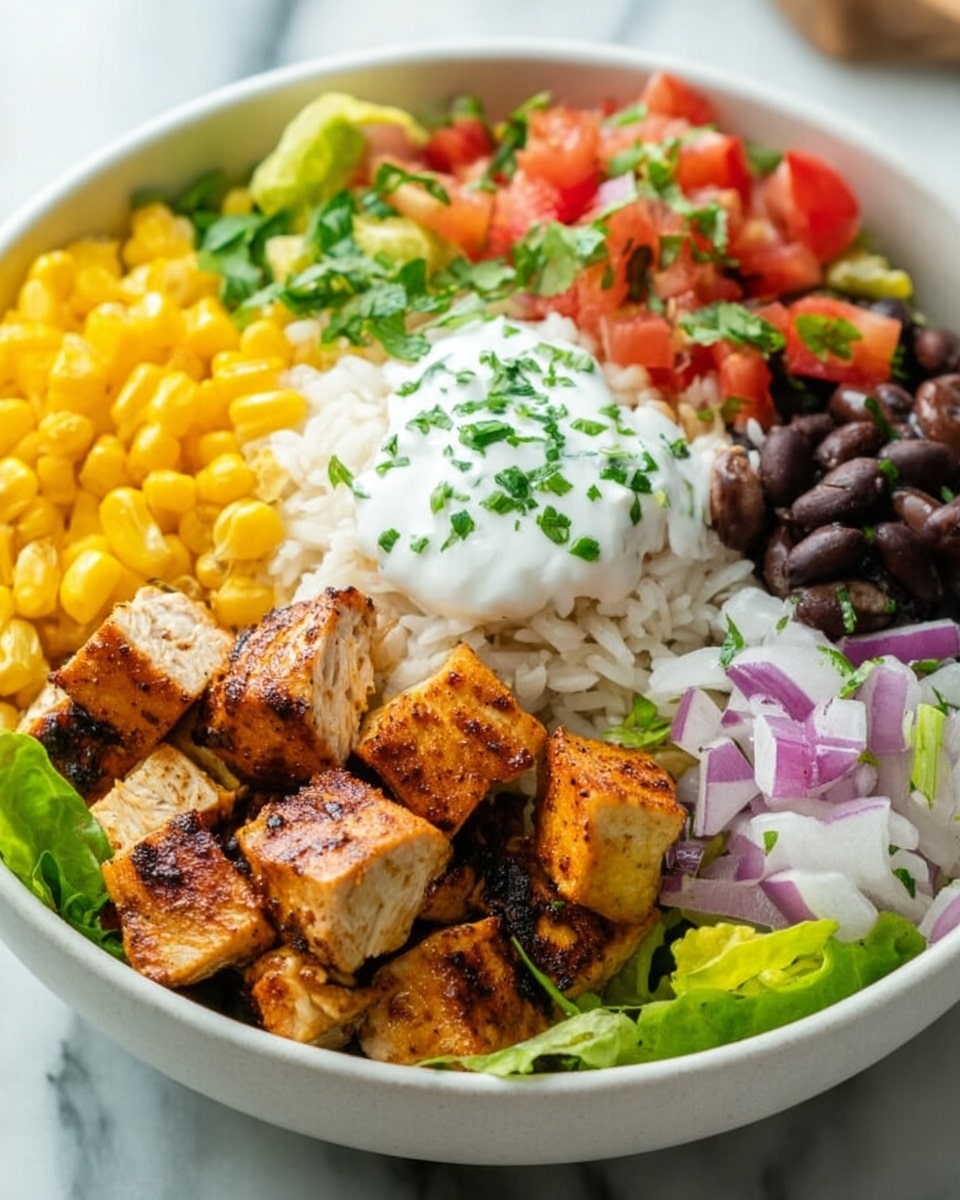 A bowl of food with layers arranged in sections on a bed of green lettuce leaves. Starting from the left, there are bright yellow corn kernels, next to small pieces of grilled chicken with a golden brown color. Above the chicken and corn is a portion of white rice mixed with bits of green herbs, topped with two lime wedges. In the center of the bowl is a dollop of white sour cream sprinkled with green herbs. To the right of the sour cream is a mix of diced red tomatoes, purple onion pieces, and some slices of white onion. Next to this is a pile of shiny black beans, and on the far right, long slices of red bell pepper lay on the lettuce. A white-handled spoon rests on the edge of the bowl. The bowl is white and placed on a white marbled surface. photo taken with an iphone --ar 4:5 --v 7