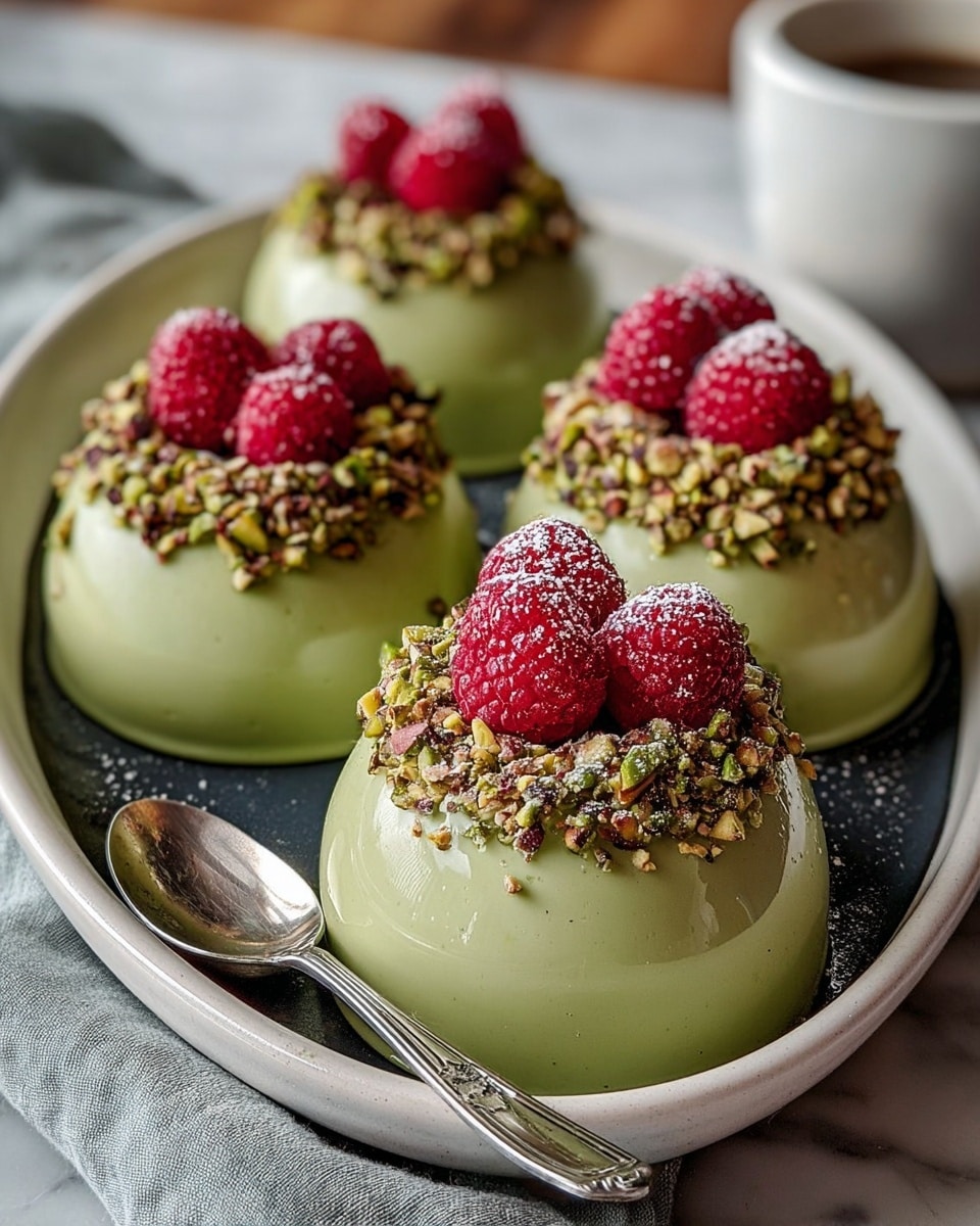 A shiny light green dome-shaped dessert with a smooth, glossy top, held on a white round plate; inside, it has three visible layers: the bottom layer is a light brown crumbly biscuit base, the middle is a thick white creamy mousse, and the center holds a bright red berry jam core. On top of each dome is a small raspberry surrounded by chopped green pistachios, with extra pistachio pieces scattered around the plate alongside red berries. The background is a white marbled surface with soft, warm, bokeh lighting and blurred red ornaments. photo taken with an iphone --ar 4:5 --v 7