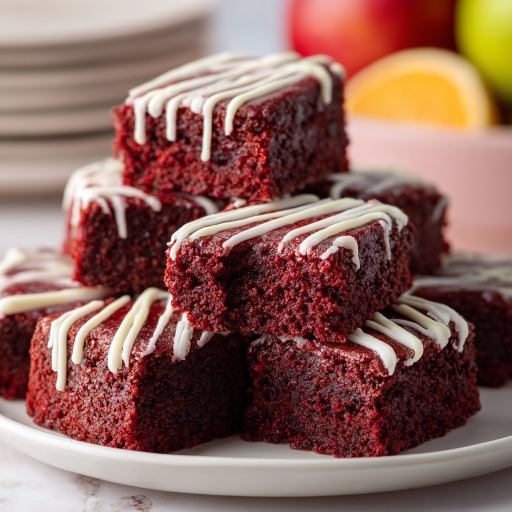 Three red velvet brownie squares are stacked on a white marbled surface. Each square has a dense, moist texture with a deep red color. The top brownie has a bite taken from it, showing a soft and chewy inside. Thin white icing lines are drizzled over the top layer, adding contrast. The edges of the brownies are clean and straight, showing uniform thickness across all three layers. Photo taken with an iphone --ar 4:5 --v 7