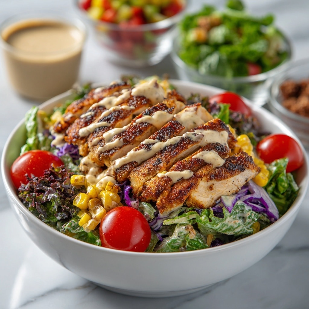 A white bowl is filled with a colorful salad that has several visible layers: at the bottom, fresh green and purple leafy vegetables create a textured base, topped with slices of grilled, golden-brown chicken pieces that have a slightly charred edge. Cherry tomatoes, bright red and smooth, are scattered around the chicken on the greens. Thinly sliced purple strips and small roasted corn kernels add extra color and texture beneath a creamy beige dressing drizzled over the chicken and salad. The bowl sits on a white marbled surface, with blurred small glass bowls of mixed salad ingredients and greens in the background, giving a fresh and vibrant look. Photo taken with an iphone --ar 4:5 --v 7