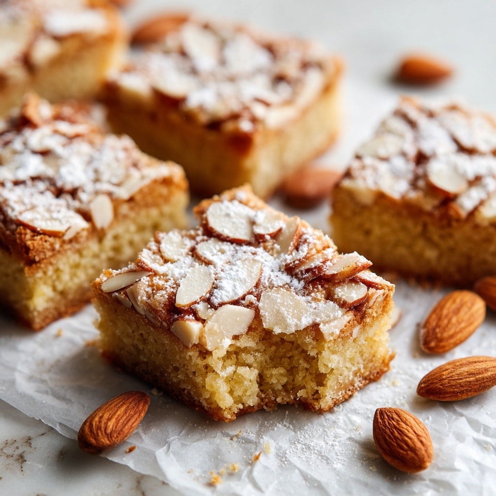 A close-up image of a single square piece of cake on a white marbled surface, showing three distinct layers: the bottom layer is a light brown base with a moist texture, the middle layer is a slightly lighter cream-colored filling with a smooth and soft look, and the top layer is a golden brown crust dusted generously with white powdered sugar and some small nut pieces scattered on top. A bite has been taken from one corner, revealing the inner texture clearly. Photo taken with an iphone --ar 4:5 --v 7