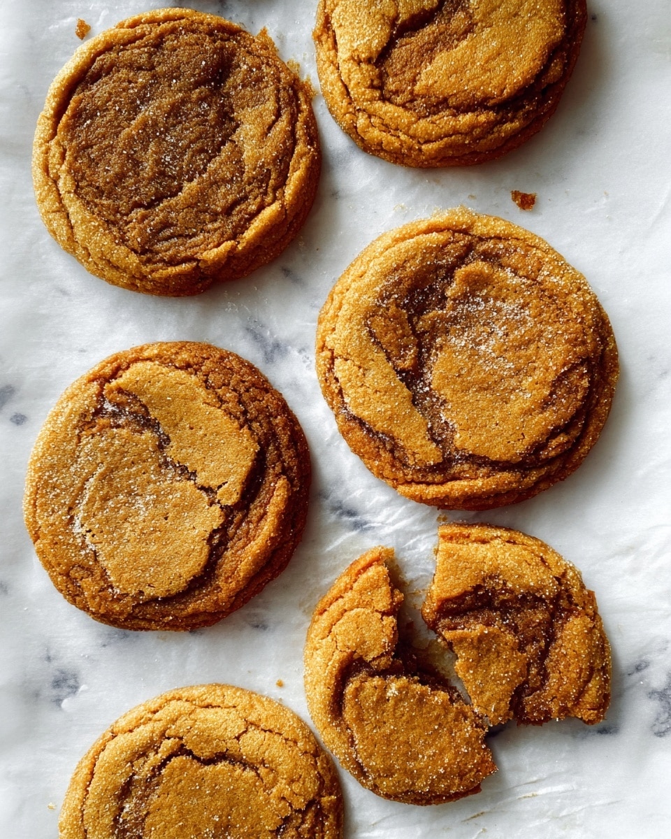 Four round ginger cookies are placed closely on a white marbled surface. Each cookie has a cracked, shiny top layer in a light golden brown color, with darker brown edges that look slightly crumbly. The texture appears soft and chewy with some sugar crystals scattered lightly on top. The cookies are arranged casually, with one cookie in the front showing more detailed cracks and texture. Photo taken with an iphone --ar 4:5 --v 7
