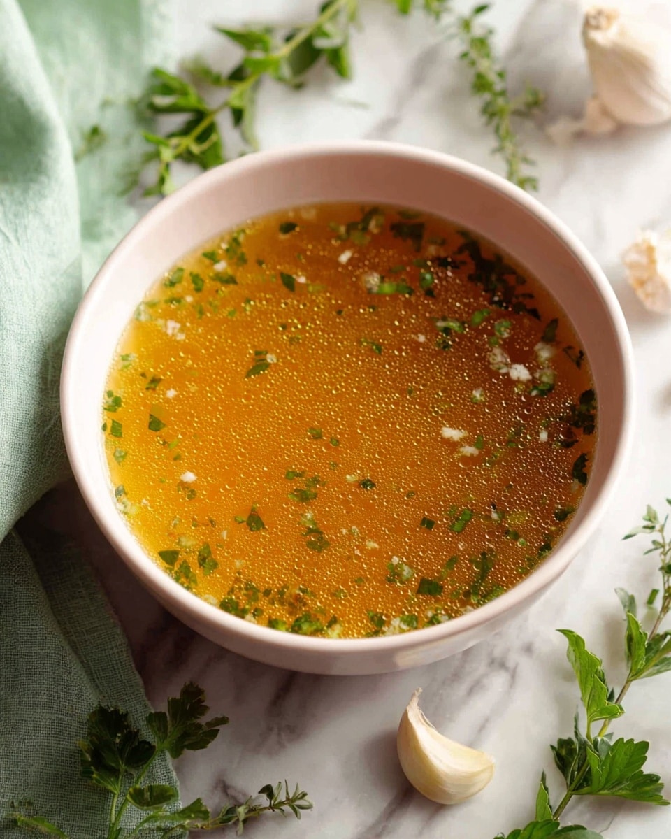 A white bowl filled with clear golden broth that has small white and green bits floating throughout, indicating herbs and possibly garlic. The broth appears slightly oily with a glistening surface covered in tiny droplets. The bowl sits on a white marbled surface with a pale green cloth napkin on the side. Around the bowl, there are sprigs of fresh green herbs and a bulb of garlic with a few cloves separated. Photo taken with an iphone --ar 4:5 --v 7