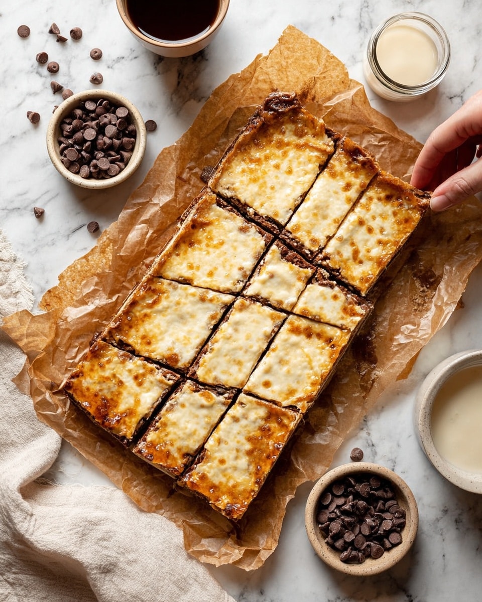 A rectangular baked dessert cut into diamond-shaped pieces sits on crumpled brown parchment paper over a white marbled surface. It has a golden brown crust with a smooth, shiny, light beige layer on top that looks creamy and slightly caramelized in spots. The dessert appears to have a thick, dense layer underneath the top, seen in the two separated pieces where the inside is a darker brown with a moist texture, possibly chocolate or nutty. Surrounding the dessert are small white bowls filled with dark brown chocolate chips and a dark liquid, along with a small jar of a creamy white substance. A woman's hand is gently touching one of the pieces at the corner, and a white cloth is draped nearby. photo taken with an iphone --ar 4:5 --v 7