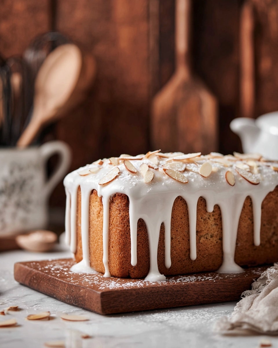 A square-shaped cake with a golden brown texture sits on a wooden board. It has a thick layer of white icing that flows down the sides unevenly, creating natural dripping patterns. The top of the cake is sprinkled with thin, light brown almond slices and small crushed nuts, adding a textured look. The background is blurred with warm brown tones and kitchen tools, all set on a white marbled texture. photo taken with an iphone --ar 4:5 --v 7
