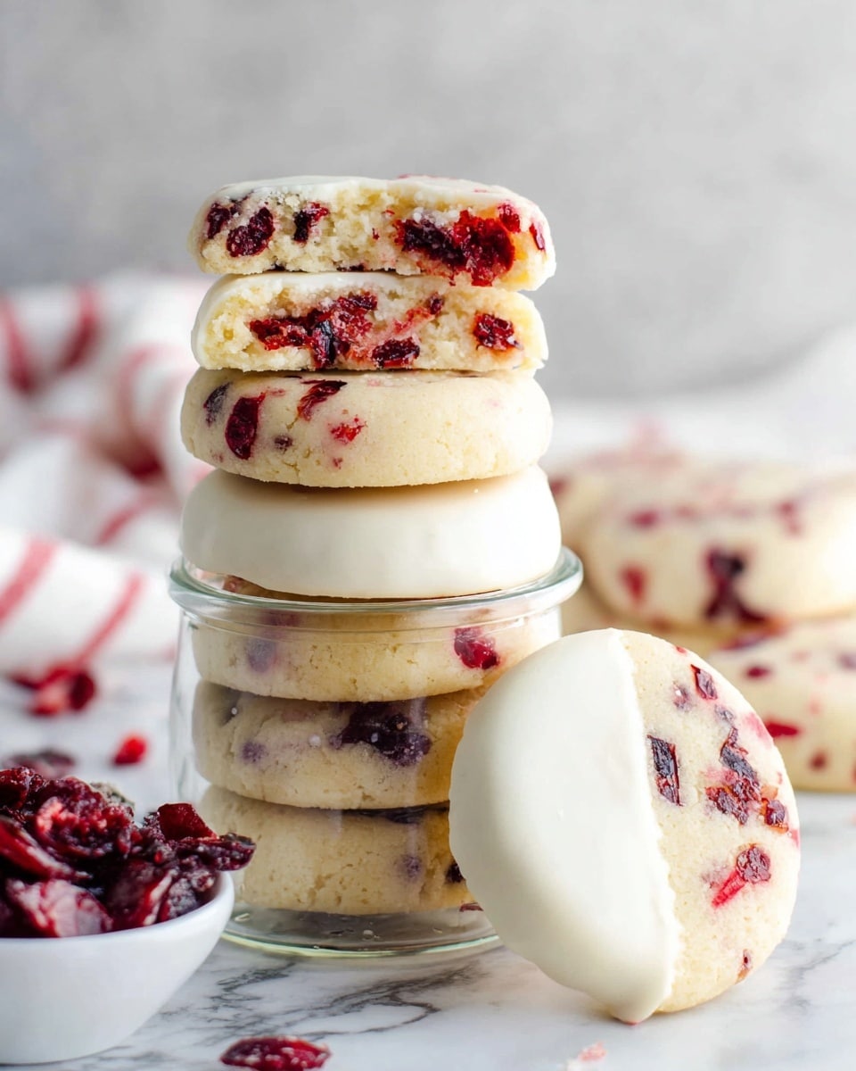 The image shows several round cookies arranged closely together on a white marbled surface. Each cookie has a light cream base with small pieces of red fruit mixed throughout, giving a speckled red and cream appearance. About half of each cookie is dipped in a smooth, white icing layer that covers one side from top to bottom, creating a clear contrast between the iced and non-iced halves. In the background, there is a white bowl filled with chunky red fruit pieces, adding a pop of color behind the cookies. The texture of the cookies looks soft and crumbly with a slightly browned edge. photo taken with an iphone --ar 4:5 --v 7