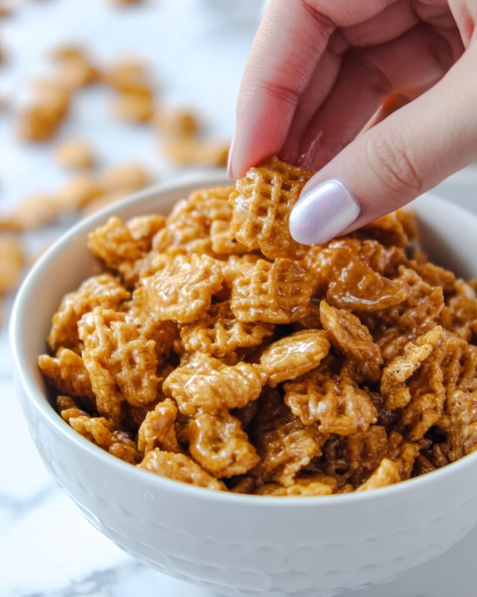 A close-up view of multiple white bowls filled with golden-brown crunchy snack clusters that have a ridged texture and some glistening shine, suggesting a glazed coating. The clusters are heaped high inside the bowls, spilling slightly onto the white marbled surface below. There is also a white marbled tray to the side holding more of these textured snack pieces. A cream cloth with gold polka dots partially occupies the bottom right corner. photo taken with an iphone --ar 4:5 --v 7