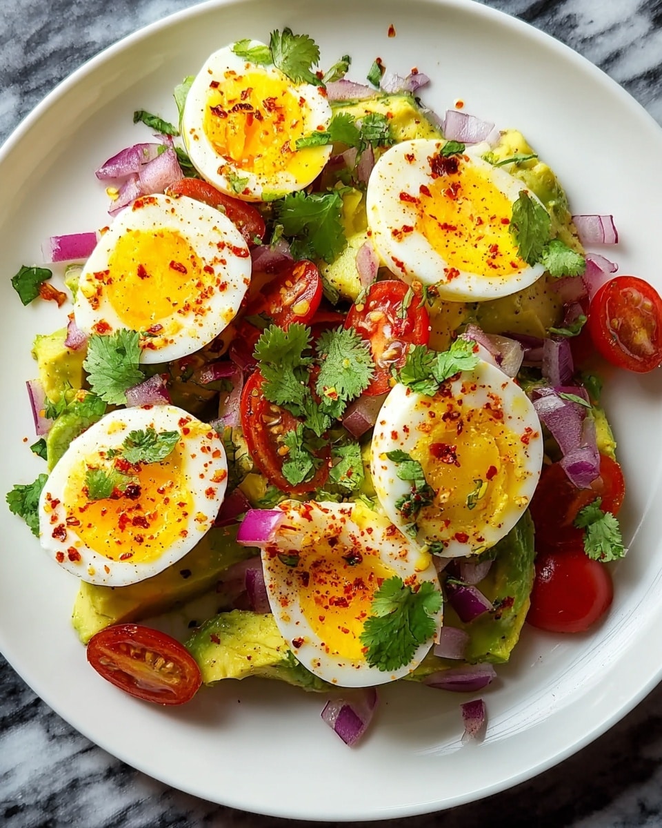 A white plate filled with a colorful salad showing four halved boiled eggs with bright yellow yolks on top, sprinkled with red chili flakes and fresh green cilantro leaves. Below the eggs, slices of creamy green avocado form a thick layer mixed with halved red cherry tomatoes and pieces of chopped purple onion scattered throughout. The salad is fresh and vibrant, with contrasting colors of yellow, red, green, and purple, all set against a white marbled surface. photo taken with an iphone --ar 4:5 --v 7