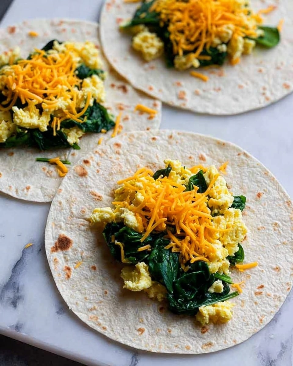 Three uncooked white tortillas lie flat on a white marbled surface, each topped with a small pile of scrambled eggs mixed with dark green spinach leaves. On top of the egg and spinach mixture, there is a layer of bright orange shredded cheddar cheese. The texture of the eggs looks soft and moist, while the cheese is finely shredded and slightly scattered around. The tortillas are thin with some light brown spots from cooking. Photo taken with an iphone --ar 4:5 --v 7