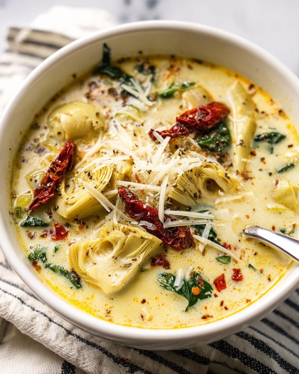 A white bowl filled with creamy soup containing visible layers of chopped green spinach leaves, yellow artichoke hearts, and red sun-dried tomatoes, topped with shredded white cheese and cracked black pepper. The soup's surface is smooth with a yellow tone mixed with white cream swirls. The bowl is placed on a green and white checkered cloth on a wooden cutting board, surrounded by slices of toasted bread with a golden brown crust on the left side. Fresh sprigs of green herbs and clusters of bright red cherry tomatoes on the vine lay around the bowl on the white marbled texture background. A shiny metal spoon rests beside the bowl on the cloth. Photo taken with an iphone --ar 4:5 --v 7