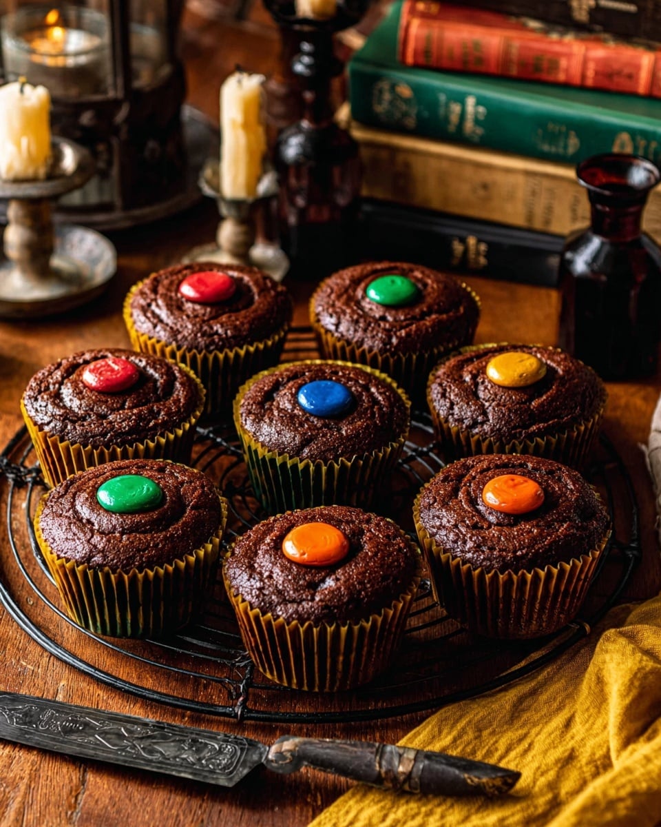 The image shows dark chocolate cupcakes each made of three main layers: a bottom dark brown chocolate cake base with a bite taken revealing gooey fillings in bright green, orange, and deep red colors, a thick middle layer of fluffy white whipped cream swirled on top, and a pointed hat-shaped dark chocolate coating placed on the cream. The cupcakes sit on white cupcake liners with scalloped edges. Some cupcakes are on a black cake stand, others on a rustic wooden surface, with a candle softly glowing in the background. Photo taken with an iphone --ar 4:5 --v 7