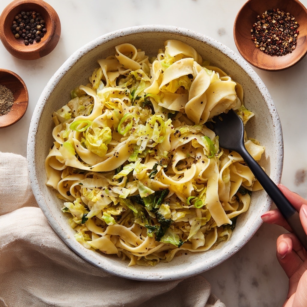 The dish shows a bowl filled with wide, curly egg noodles mixed with light green and white shredded cabbage, all lightly coated with a simple sauce that makes the noodles shine softly; the bowl is white with dark speckles and sits on a cream-colored cloth over a white marbled texture. Nearby, there are two small wooden bowls, one with coarse salt and the other with black pepper, placed on a beige cloth. A black fork is placed to the left of the bowl, and a green leafy plant is partially visible at the top left corner. The background is a white marbled texture. Photo taken with an iphone --ar 4:5 --v 7
