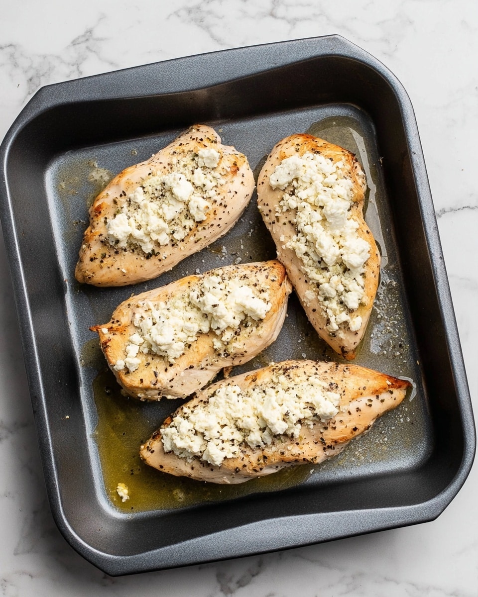 The image shows a dark gray baking tray containing four cooked chicken breasts arranged in two rows. Each chicken breast is topped with a layer of white, crumbly cheese that is unevenly spread across the surface. The chicken has a light golden-brown color with some black pepper sprinkled on top. There is a thin layer of oily cooking juice pooling around the chicken at the bottom of the tray. The tray rests on a white marbled surface. photo taken with an iphone --ar 4:5 --v 7