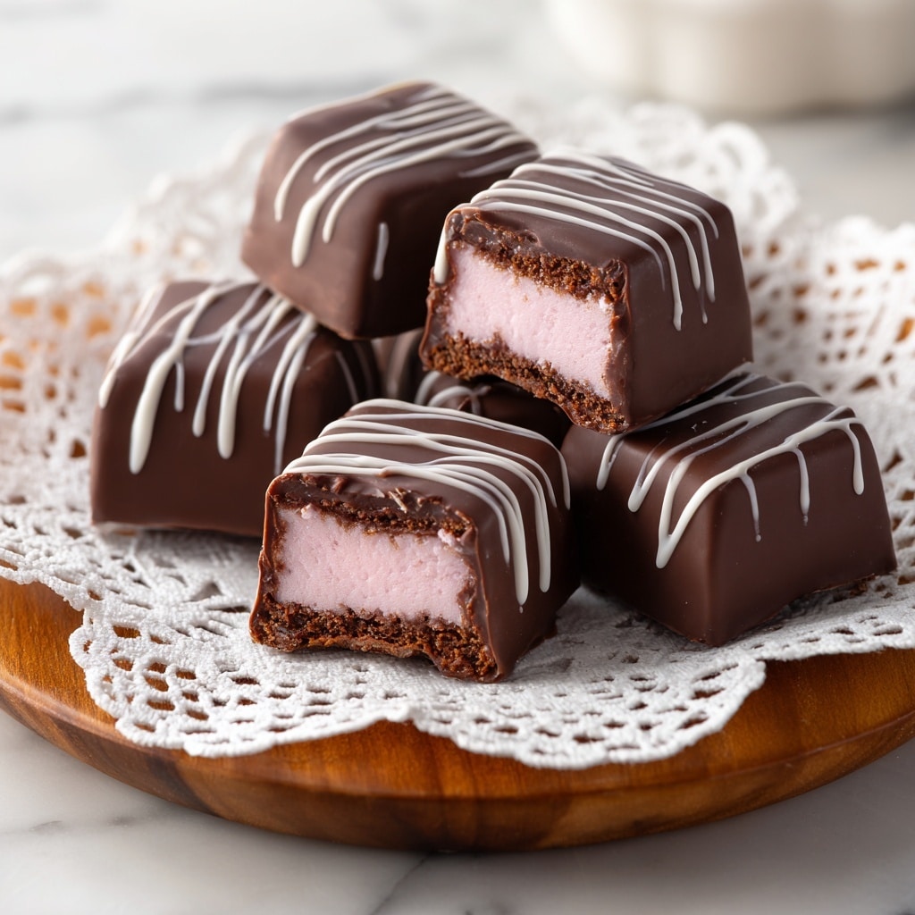 The image shows several small, rectangular chocolates with a smooth, dark brown outer layer, each decorated with thin white lines drizzled across the top. One chocolate in the front is bitten, revealing two inner layers: a thick, light pink creamy filling at the center and a thinner darker chocolate layer just inside the outer shell. These chocolates rest on a white lace paper doily that sits on a wooden round board, all placed on a white marbled surface. photo taken with an iphone --ar 4:5 --v 7