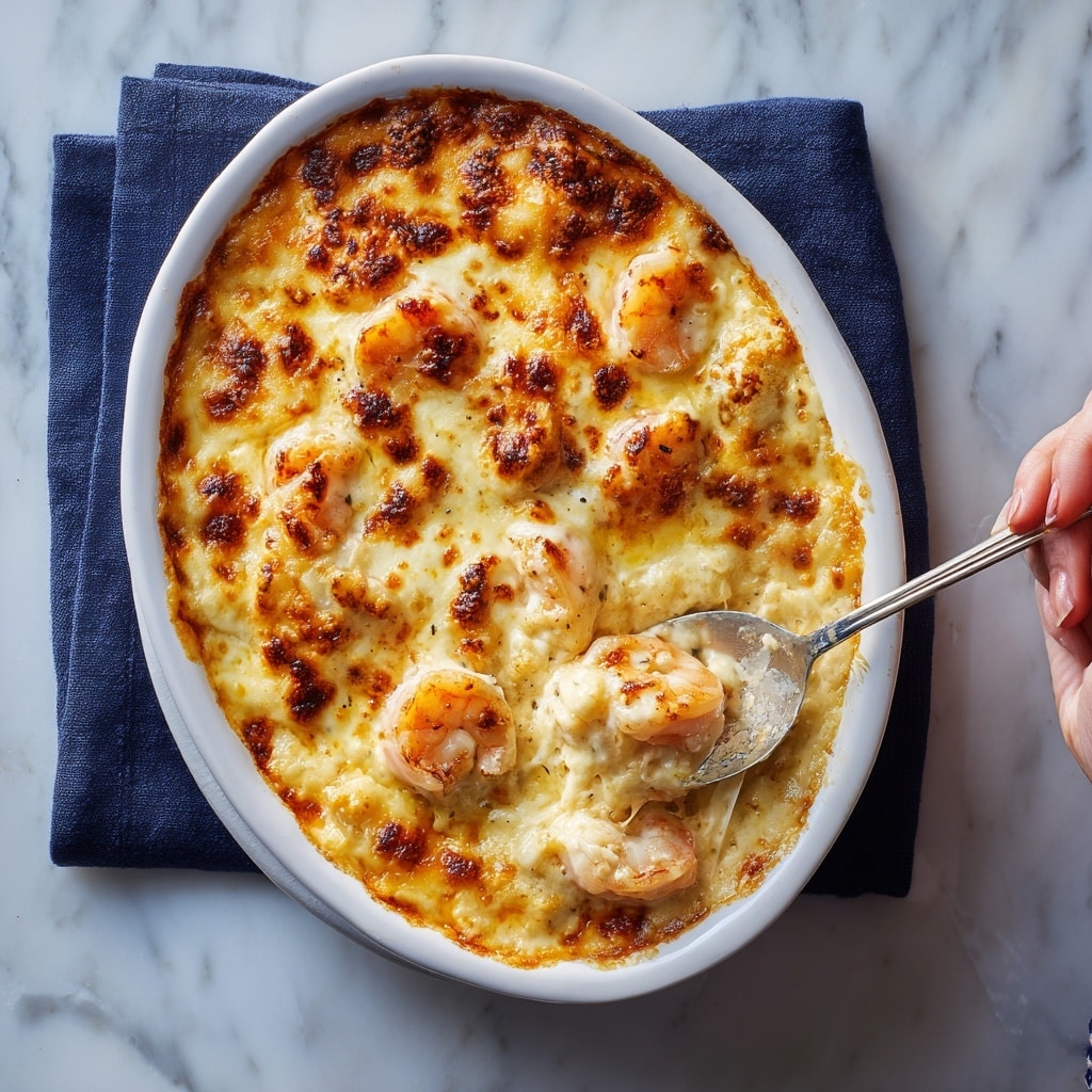 A close-up image of a creamy shrimp dish served in a white ramekin with a golden-brown crust on top. The dish has a smooth, creamy layer mixed with visible pieces of shrimp that are pink-orange with a slightly translucent texture. There are small pieces of green herbs and bits of red pepper scattered throughout the creamy base. The spoon lifting a portion shows the thick, cheesy, and slightly bubbly filling with shrimp sitting on top. Around the ramekin, some creamy mixture and herbs are spread on a white marbled surface, giving a fresh look to the dish. photo taken with an iphone --ar 4:5 --v 7