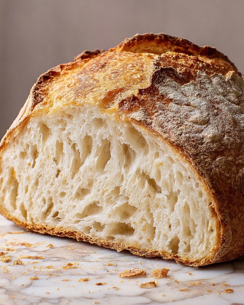 A close-up image of a large, round loaf of bread cut open to show its inside texture. The bread has one main layer, with a golden brown, crisp crust on the outside that looks slightly cracked and rough. The inside is soft and airy with a light beige color, full of small and medium air holes that give it a spongy texture. The bread sits directly on a white marbled textured surface, with some scattered crumbs around it. Photo taken with an iphone --ar 4:5 --v 7