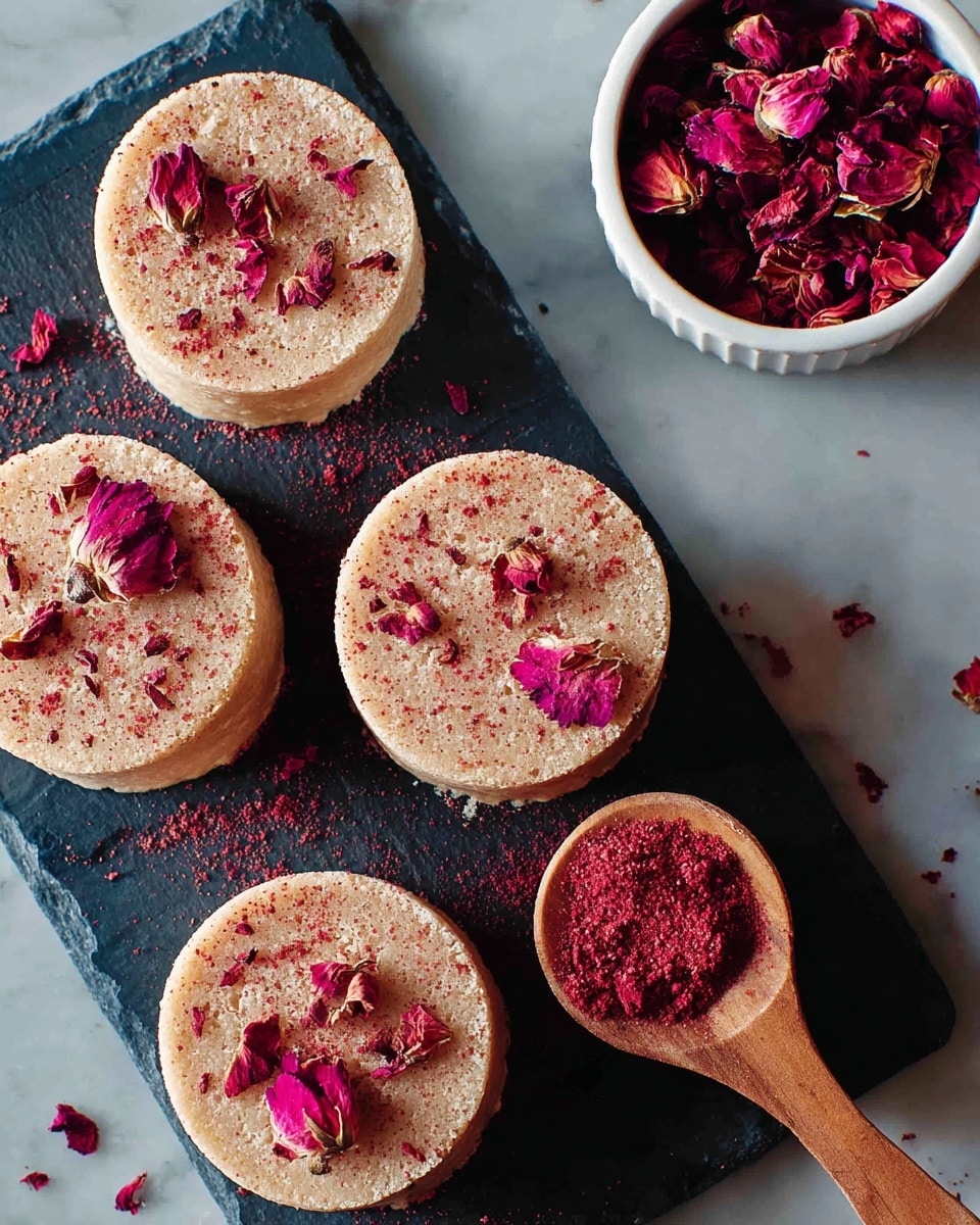 The image shows five small, round cakes with a light beige color and a slightly grainy texture on top, each sprinkled with vibrant red dried flower petals and a fine dusting of reddish powder. The cakes are neatly arranged on a dark slate board that contrasts with the pale colors of the cakes. To the upper right, there's a white cup filled with more bright red dried petals. Below the cakes is a small wooden spoon resting on the slate, holding some reddish powder with a small pile spilled next to it. The whole scene sits on a white marbled surface. photo taken with an iphone --ar 4:5 --v 7