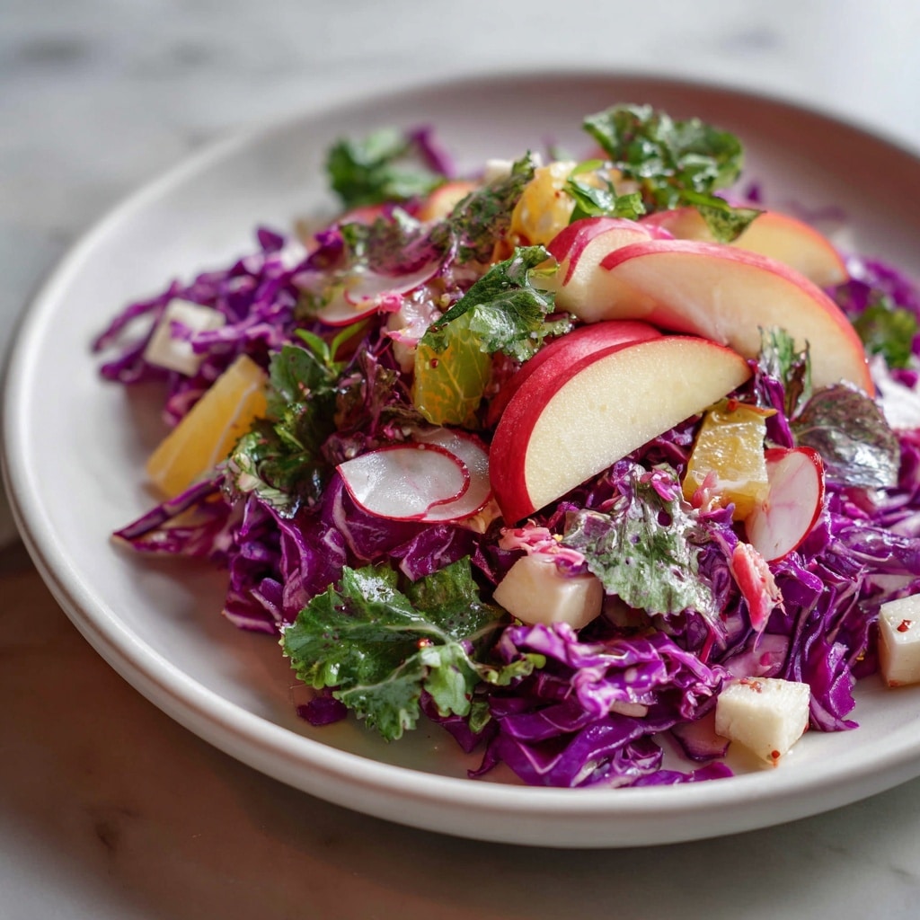 A close-up view of a salad on a white plate shows a base layer of bright purple shredded cabbage with shiny, curly textures. On top, there are several thin slices of radish with white centers and pink edges, scattered around. Small green leaves are spread over the cabbage and radish slices, adding pops of color. Some small cubes of a creamy beige ingredient are mixed in. The plate sits on a white marbled surface, giving a clean, fresh look. photo taken with an iphone --ar 4:5 --v 7