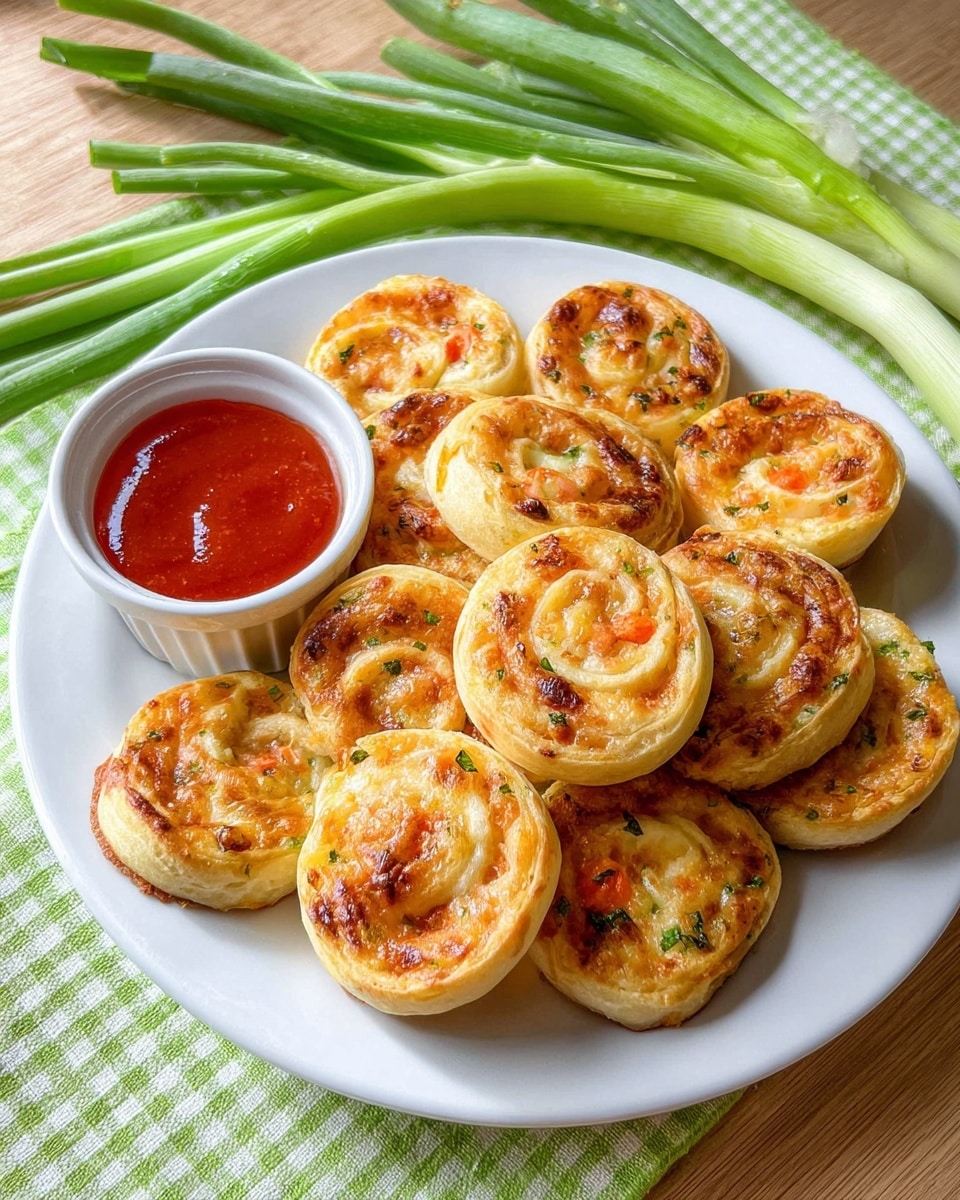 A white plate holds about a dozen small, round pinwheel pastries with a golden-brown, flaky crust. Each pinwheel shows spiral layers with a creamy, slightly browned cheese filling mixed with small bits of green herbs and orange-red pieces of vegetables. The pastries are arranged in a slightly overlapping pile next to a small white ramekin filled with a shiny, bright red dipping sauce. The plate sits on a green checkered cloth on a light wooden table, with fresh green onions and imitation crab sticks beside it. The overall look is warm and inviting with soft natural light. photo taken with an iphone --ar 4:5 --v 7