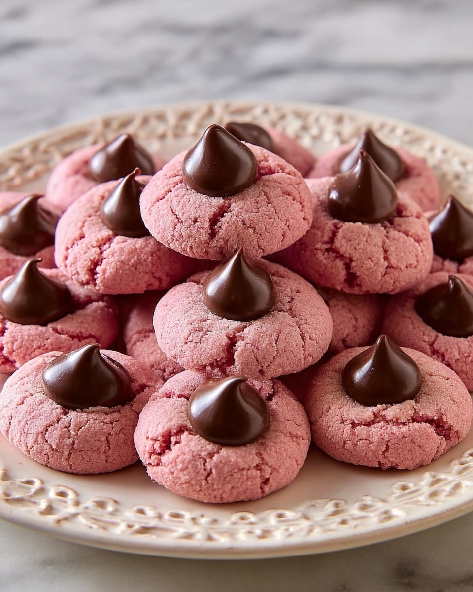 A pile of pink cookies with a cracked texture, each topped with a smooth, shiny dark chocolate kiss in the center. The cookies are round and slightly rough on the surface, arranged in a small mound on a white plate with a delicate carved pattern around the edge. The plate sits on a white marbled textured surface. photo taken with an iphone --ar 4:5 --v 7