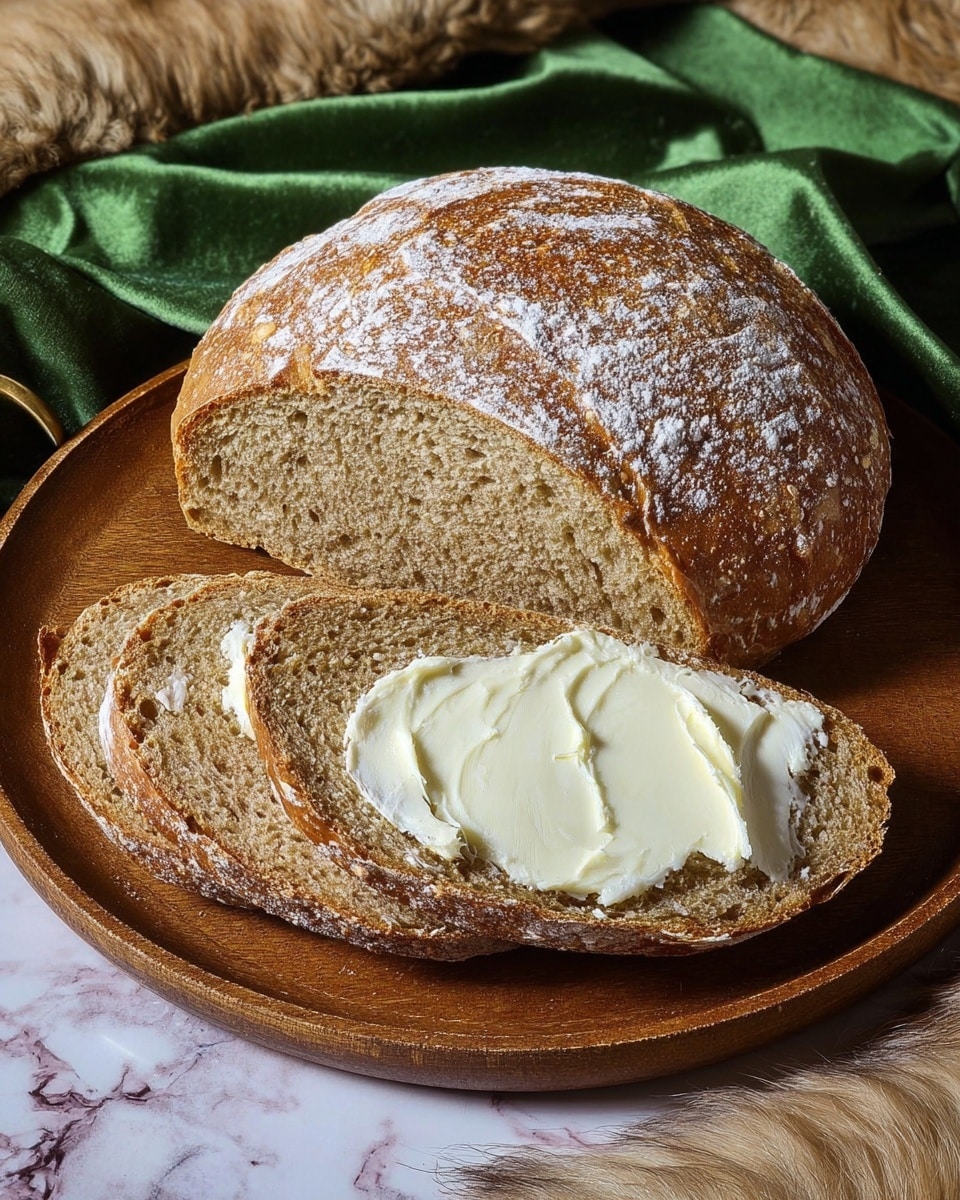 A round loaf of bread with a crust dusted lightly with white flour sits on a wooden board. There are three slices cut from the loaf, placed beside it, showing the coarse, brown, textured interior of the bread. The front slice is covered with a thick, smooth layer of white butter spread evenly, while the two slices behind it are plain, revealing the soft crumb and crispy crust. The board rests on a white marbled surface with a green velvet cloth and beige fur fabric partially visible around the edges. Photo taken with an iphone --ar 4:5 --v 7