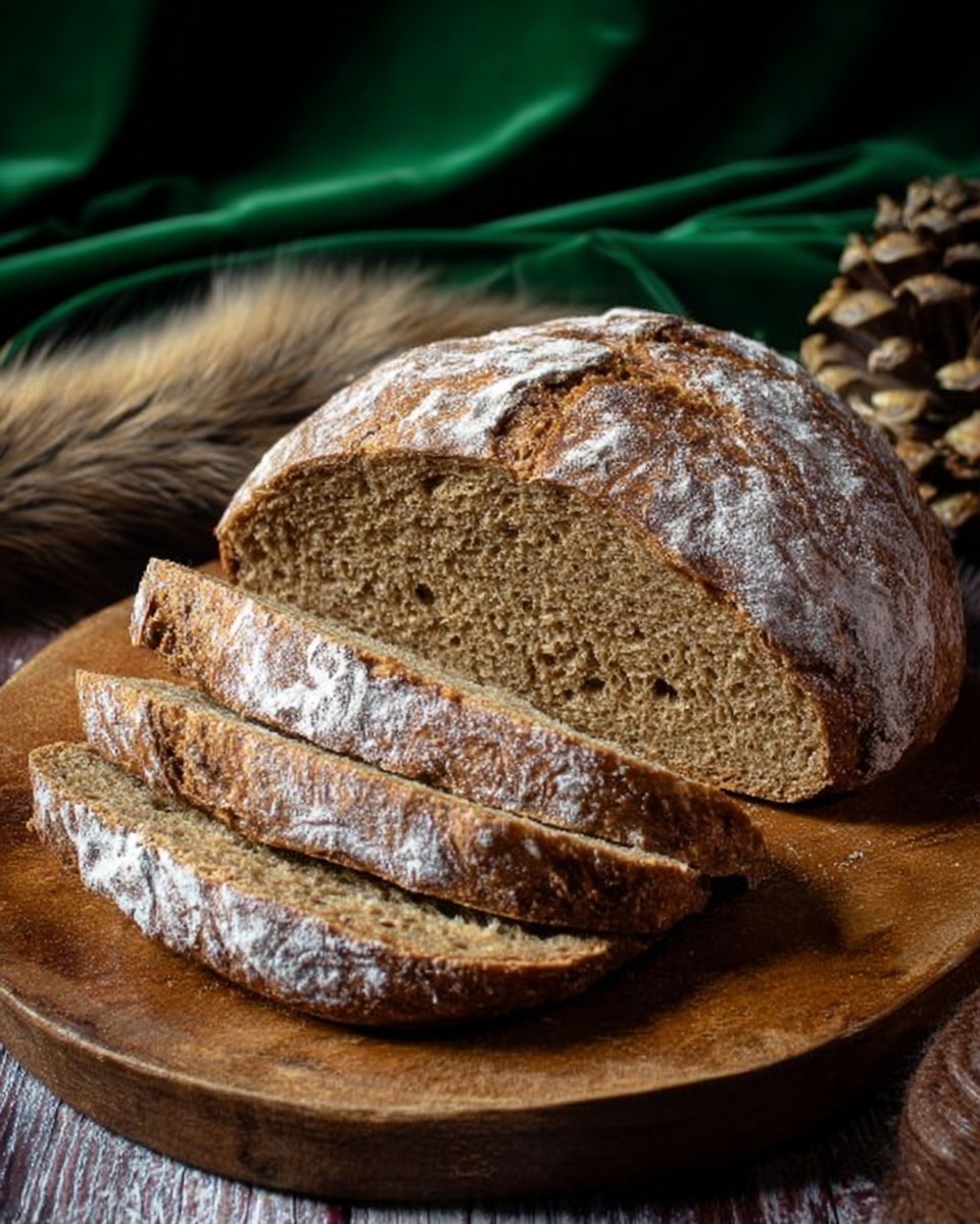 A rustic round loaf of brown bread with a cracked crust dusted lightly with white flour sits on a round wooden board. The loaf is partially sliced with three long, thick slices fanned out in front of it, showing a dense, soft interior with small air pockets. The background has dark green velvet cloth, fur textures, and wooden elements, all placed on a white marbled surface. Photo taken with an iphone --ar 4:5 --v 7