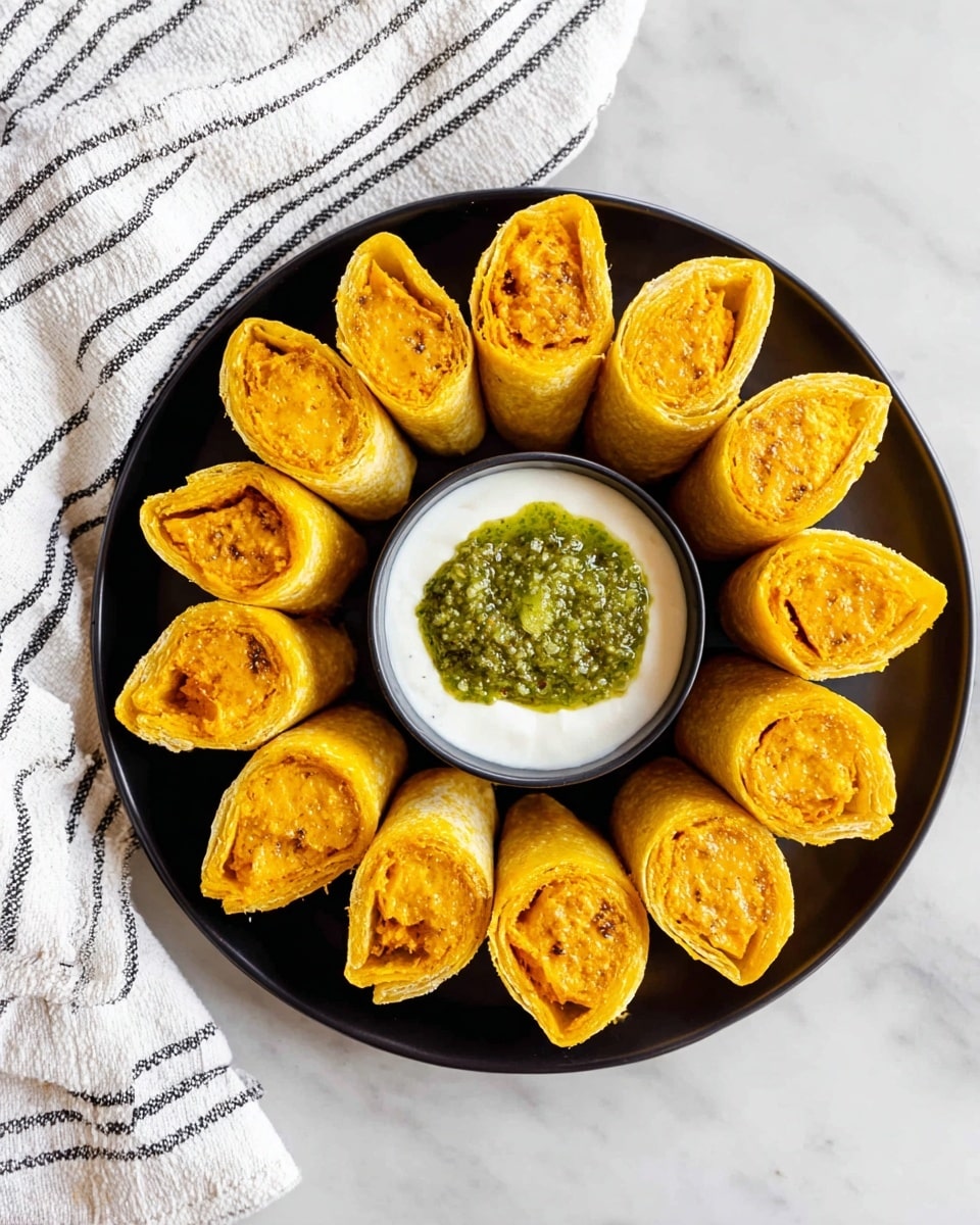 A black round plate on a white marbled surface holds twelve golden-yellow rolled wraps arranged in a circular pattern like petals of a flower, each wrap showing a textured, creamy orange filling inside. In the center of the plate, a small round bowl contains two sauces side by side: a green, coarse pesto-like sauce and a smooth white sauce, creating a contrast and focal point in the middle. A white cloth with thin black stripes is partly visible on the upper left side, adding a soft element to the setting. photo taken with an iphone --ar 4:5 --v 7