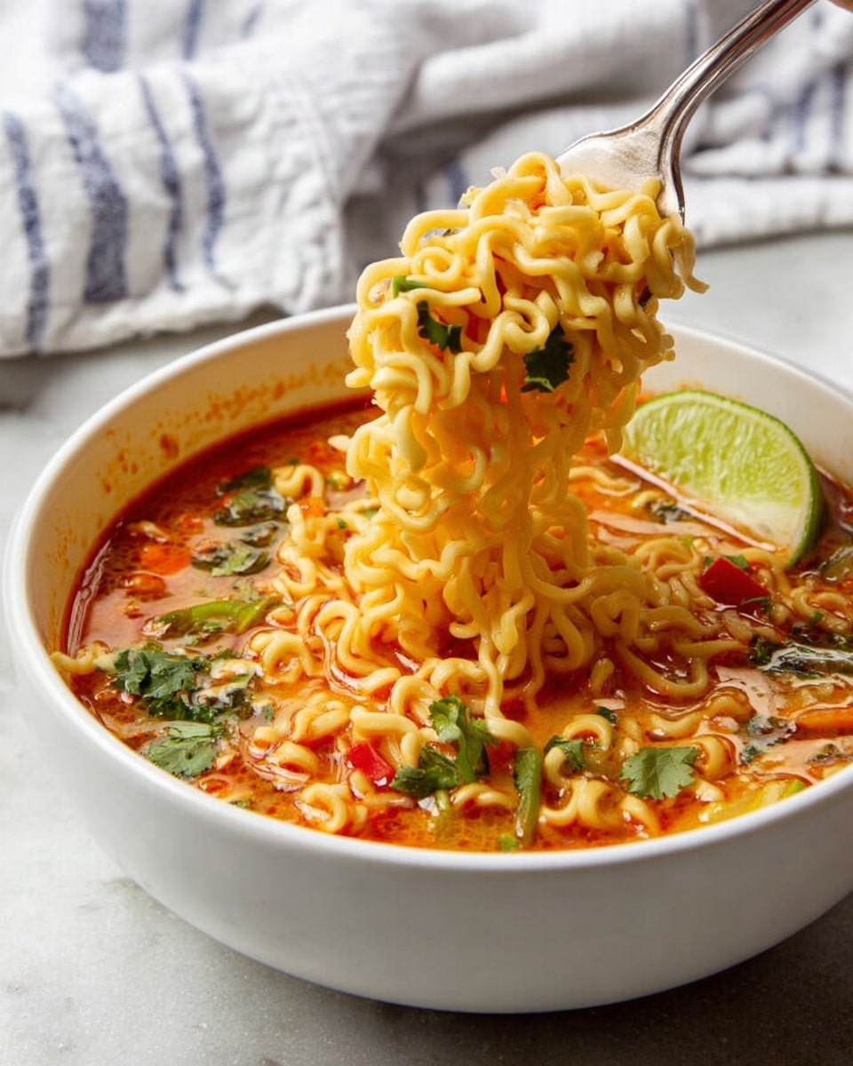 This image shows a white bowl filled with a bright orange-red soup with a smooth broth base. Inside the soup, there are wavy, pale yellow noodles placed loosely in the center and scattered around. There are fresh green herbs, likely cilantro, floating on top of the noodles and broth, adding patches of vibrant green. Two lime wedges are also visible on the surface of the soup, with one partly submerged on the lower side of the bowl. The bowl sits on a white marbled surface, with a white cloth with blue stripes seen in the upper left corner and some fresh lime wedges placed near the bottom right. The soup looks warm and inviting, with a mix of smooth and textured elements. photo taken with an iphone --ar 4:5 --v 7
