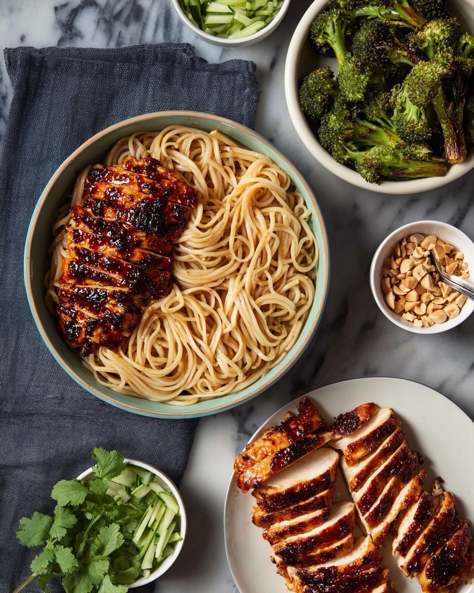 A bowl filled with three main layers: a base layer of long, creamy beige noodles arranged in a circular swirl, topped with several charred green broccoli florets scattered around the edges; on top of the noodles and broccoli is a layer of glazed, grilled chicken slices with a shiny, dark brown sauce and grill marks, fanned out neatly in the center; lastly, thin green cucumber sticks and small green cilantro leaves are scattered on top along with some crushed sesame seeds. The bowl is placed on a dark wooden board with brown chopsticks resting on the bowl's edge and a white ceramic spoon with a blue pattern sits beside it, all set on a white marbled surface. Photo taken with an iphone --ar 4:5 --v 7