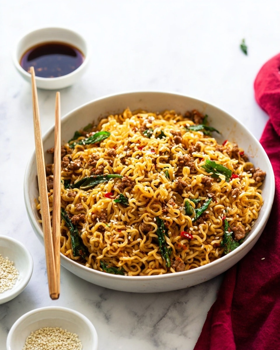 A bowl of cooked noodles mixed with small pieces of browned meat and scattered green leaves sits in a white bowl. The noodles are golden-yellow and slightly shiny, twisted with bits of red chili flakes and tiny white sesame seeds sprinkled on top. The bowl holds about three layers of the mixture, with the noodles forming the base and the meat and greens spread throughout. Two wooden chopsticks rest in the bowl on the left side, angled upwards. The bowl is placed on a white marbled surface with two small white ramekins nearby, one filled with a dark sauce and the other with white sesame seeds, and a red cloth partially visible to the right. photo taken with an iphone --ar 4:5 --v 7