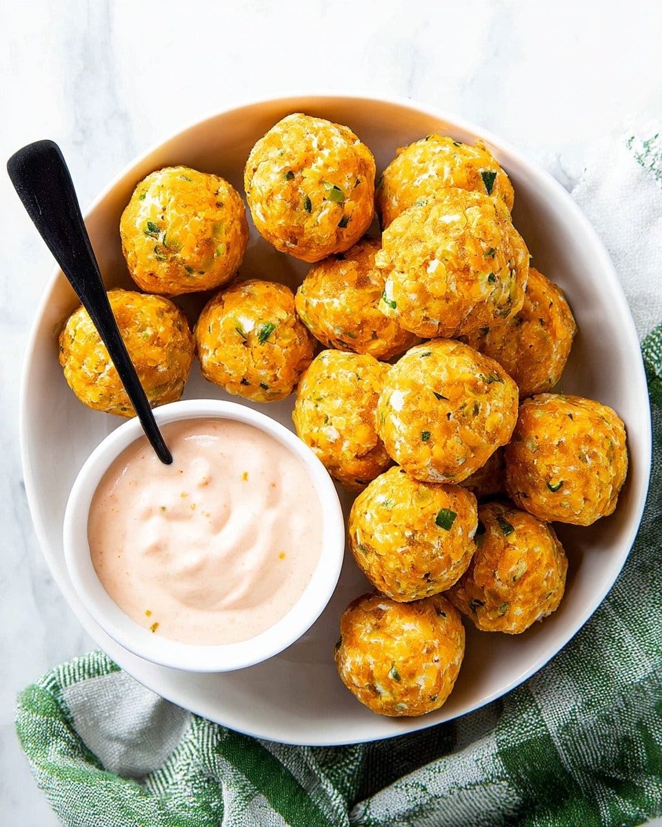 A white bowl filled with about sixteen small, round, golden-orange balls that have visible bits of green herbs and white inside, showing a textured, slightly rough surface. Next to these balls inside the bowl is a smaller white bowl with smooth, creamy light pink sauce inside, with a black spoon resting in it. The whole bowl is placed on a white marbled surface partially covered by a green and white checkered cloth. photo taken with an iphone --ar 4:5 --v 7
