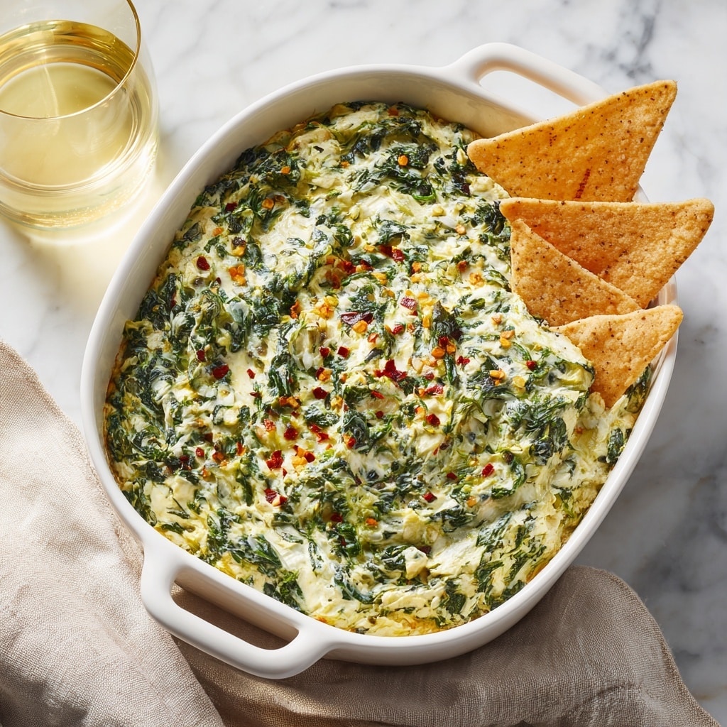 The image shows a white rectangular dish filled with a creamy spinach dip mixed with melted cheese, green onions, and small bits of red pepper flakes on top. The dip has a textured surface with visible leafy spinach and melted cheese in white and yellow colors. Two toasted triangular pieces of pita bread are partially dipped into the dish from the upper left corner. A spoon rests in the lower right corner of the dish, partially buried in the dip. Behind the dish, there is a glass jar with golden olive oil placed on a white marbled surface, with a wooden cutting board blurred in the background. Photo taken with an iphone --ar 4:5 --v 7
