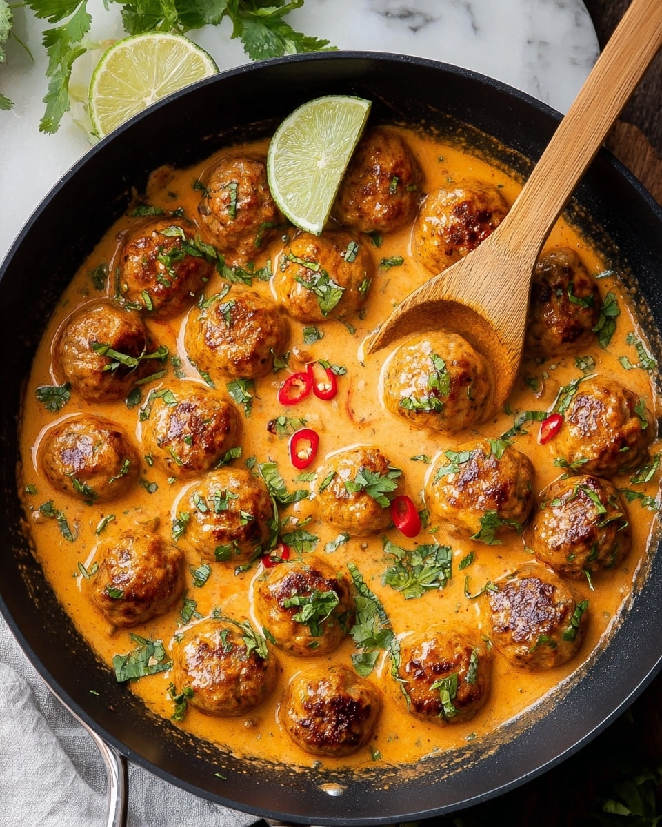 A white plate filled with a layer of fluffy white rice on one side, and six round meatballs covered in a smooth, thick orange sauce on the other side. The sauce is creamy with visible bits of red pepper and green herbs sprinkled all over the meatballs, adding spots of color. The meatballs have a slightly rough texture under the sauce, and the sauce pools gently around them. The plate is set on a white marbled surface. photo taken with an iphone --ar 4:5 --v 7