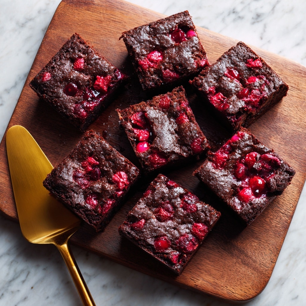 The image shows two thick rectangular chocolate brownies stacked on top of each other on a white marbled surface. Each brownie has visible dark red cherries embedded throughout, creating bright spots of color against the rich, dense, dark brown chocolate base. The texture looks soft and moist with a slightly crisp top layer. The background is blurred to keep the focus on the brownies. Photo taken with an iphone --ar 4:5 --v 7