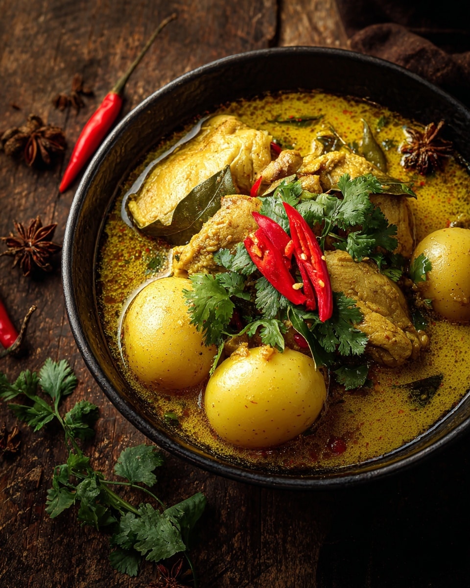 The dish shows a bowl filled with a thick yellow curry sauce, with chunks of cooked chicken and pieces of potato visible in the sauce. The chicken pieces are coated in the creamy sauce and sprinkled with black specks, likely spices or herbs. Fresh green basil leaves are scattered on top, adding a fresh look and vibrant color contrast. The bowl has white edges and is placed on a white marbled surface. The background is softly blurred, highlighting the warm texture of the curry and the juicy chicken pieces in the creamy sauce photo taken with an iphone --ar 4:5 --v 7
