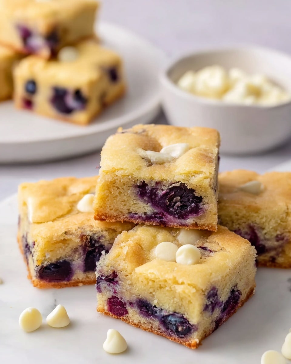 A stack of three square pieces of blueberry cake sits on a white plate on a white marbled surface. Each piece shows a dense, golden yellow cake with dark purple blueberries embedded inside, some blueberries slightly bursting and spreading color. The crumbly cake texture is visible on the sides and tops, with a slightly cracked surface on the top piece. A silver fork lies on the plate next to the stack, adding to the simple presentation. The background is softly blurred, focusing on the detailed texture and colors of the cake. photo taken with an iphone --ar 4:5 --v 7