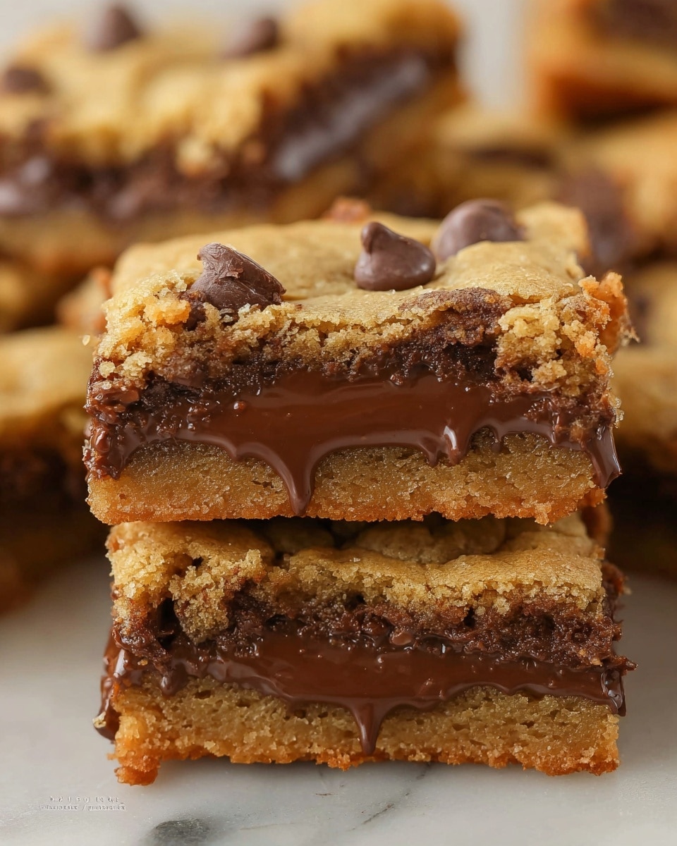 A close-up view of several square cookie bars arranged on a white marbled surface, each with a golden brown top layer that looks soft and crumbly. The cookie bars have a thick layer of melted dark chocolate peeking out from the edges and center, with some chocolate chips embedded on the top. The texture of the cookie layer appears slightly cracked and coarse, showing a fresh, homemade look. The rich, glossy chocolate contrasts with the matte, crumbly cookie dough, making the dessert look warm and gooey. photo taken with an iphone --ar 4:5 --v 7