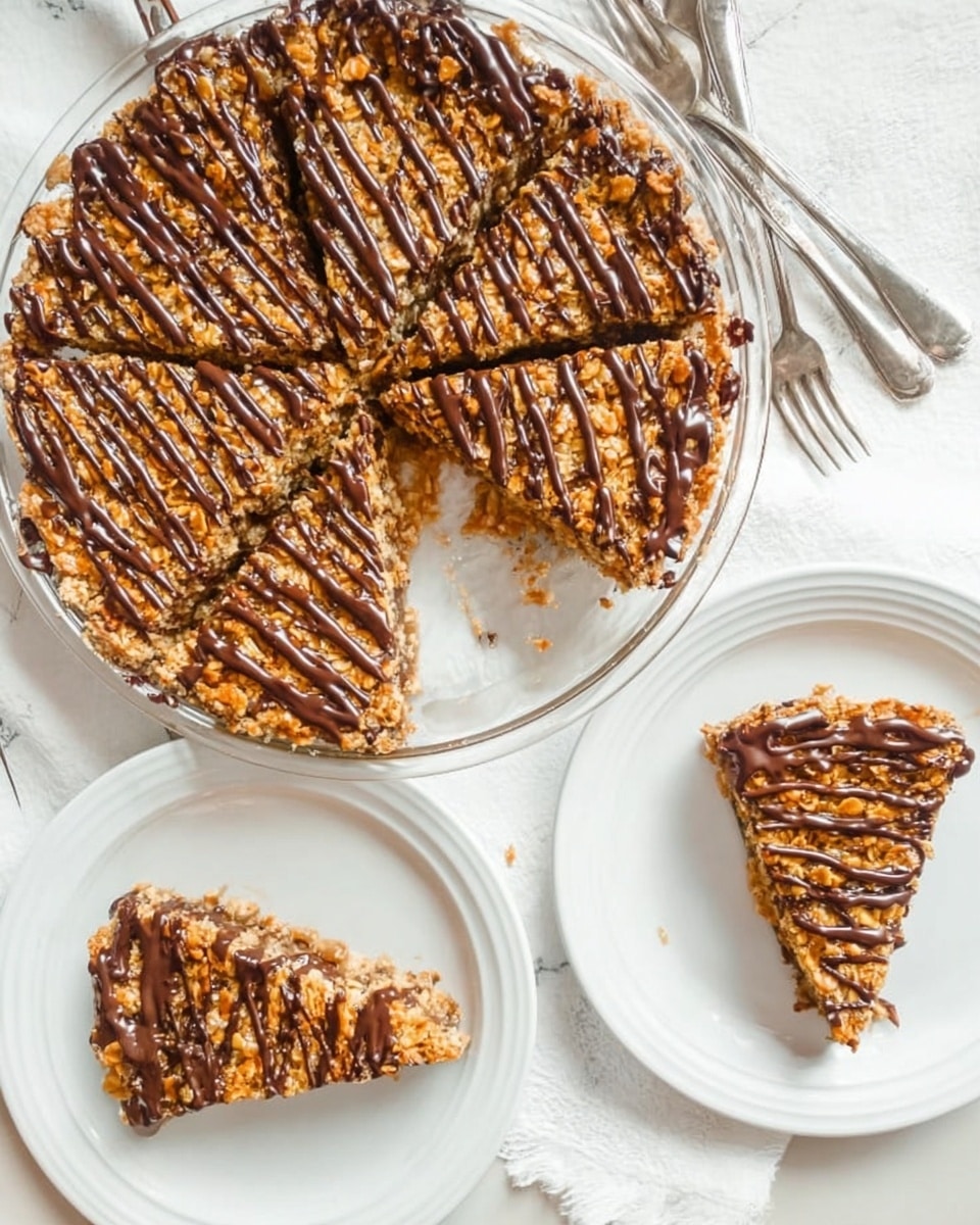 A single slice of a nut and chocolate tart is placed on a white plate resting on a white marbled surface. The dessert shows three clear layers: a light golden crumbly base, a middle dark chocolate filling, and a top layer made of caramelized nuts with a shiny, crunchy texture. Three thick, wavy lines of dark melted chocolate are spread across the top, adding contrast to the golden nuts. Crumbs from the slice are scattered slightly on the plate near the edges, and a silver fork is placed beside the slice, ready to eat. photo taken with an iphone --ar 4:5 --v 7