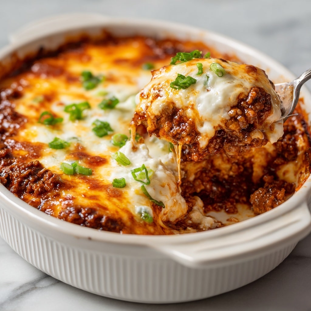 A close-up of a white ceramic baking dish filled with a layered casserole. The bottom layer is a rich brown cooked ground meat, topped with a thick spread of melted white cheese that is slightly browned and bubbling on top. Small pieces of green garnish, possibly chopped green onions, are scattered on the cheese layer. A spoon is lifting a scoop of the casserole, showing the meat and gooey cheese stretching as it lifts. The dish sits on a white marbled surface. photo taken with an iphone --ar 4:5 --v 7