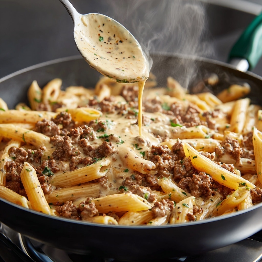 A black plate filled with about three layers of penne pasta mixed with a thick, creamy meat sauce that is light brown with small red tomato pieces. The top layer is sprinkled with finely grated white cheese and chopped green herbs. The plate is placed on a white marbled surface with fresh green basil leaves and bright red cherry tomatoes around it. Photo taken with an iphone --ar 4:5 --v 7