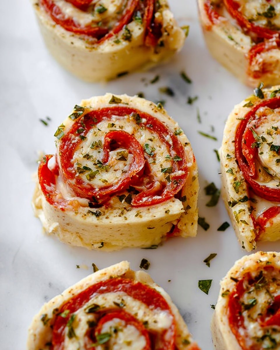 The image shows several savory pinwheel rolls arranged on a white marbled surface. Each pinwheel has three visible layers: a soft light beige outer dough layer, a bright red middle layer that appears to be pepperoni or a similar cured meat, and a cream-colored inner layer which looks like melted cheese. The rolls have a moist, slightly shiny texture with green herbs sprinkled on top and around them. The pinwheels are evenly spaced and look fresh and ready to bake. Photo taken with an iphone --ar 4:5 --v 7